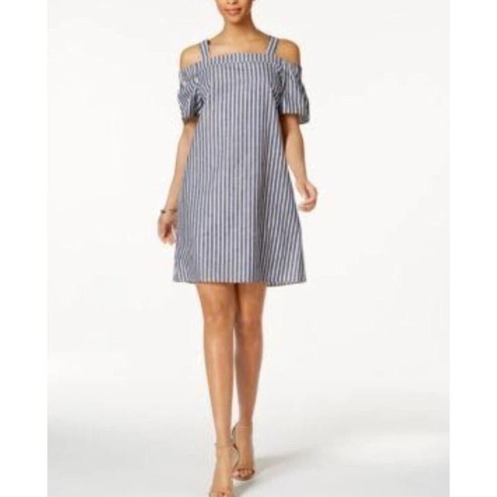 Nine West Striped Cold Shoulder Dress Women's 8 Blue Ivory Linen Cotton Blend